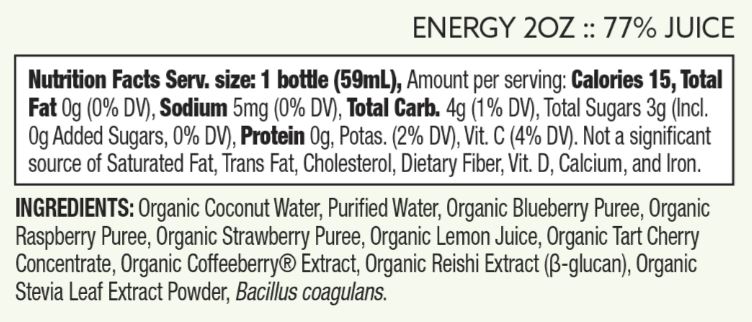 A detailed infographic displaying the nutritional facts of Suja Energy Shot, highlighting the vitamins, minerals, and organic ingredients that contribute to its energizing and health-promoting properties.