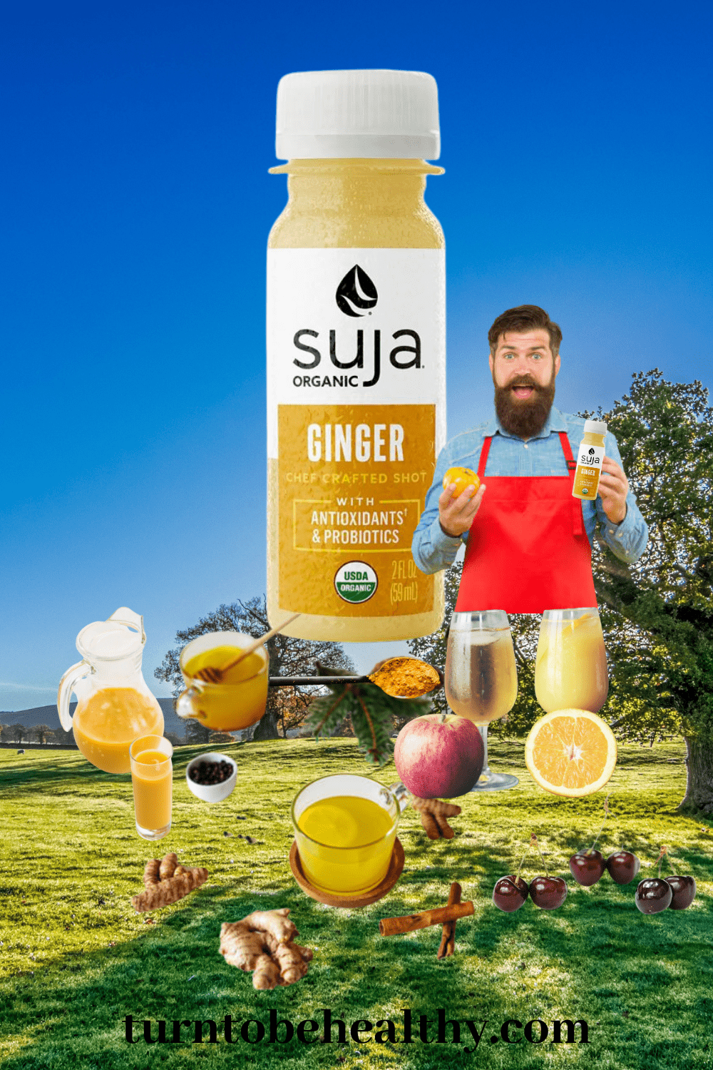 Suja Ginger Shot bottle on a table surrounded by fresh ginger, apples, and oranges, showcasing its immune-boosting and health-enhancing ingredients